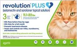 Revolution Plus Topical Solution for Cats, 11.1-22 lbs, (Green Box), 3 Doses (3-mos. supply)
