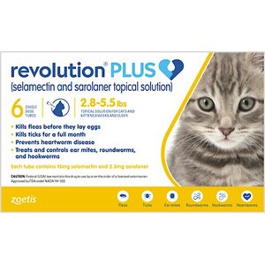 Revolution Plus Topical Solution for Cats, 2.8-5.5 lbs, (Gold Box), 6 Doses (6-mos. supply)
