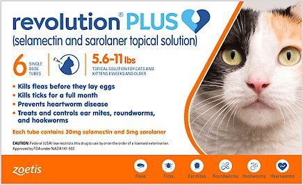 Show full view: Revolution Plus Topical Solution for Cats, 5.6-11 lbs, (Orange Box), 6 Doses (6-mos. supply) slide 1 of 12