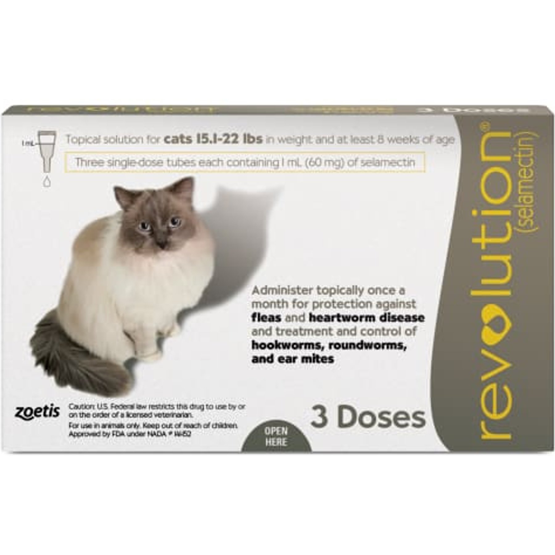 Revolution 60 mg Selamectin Topical Solution for Cats, 15.1-22 lbs, 3 treatments
