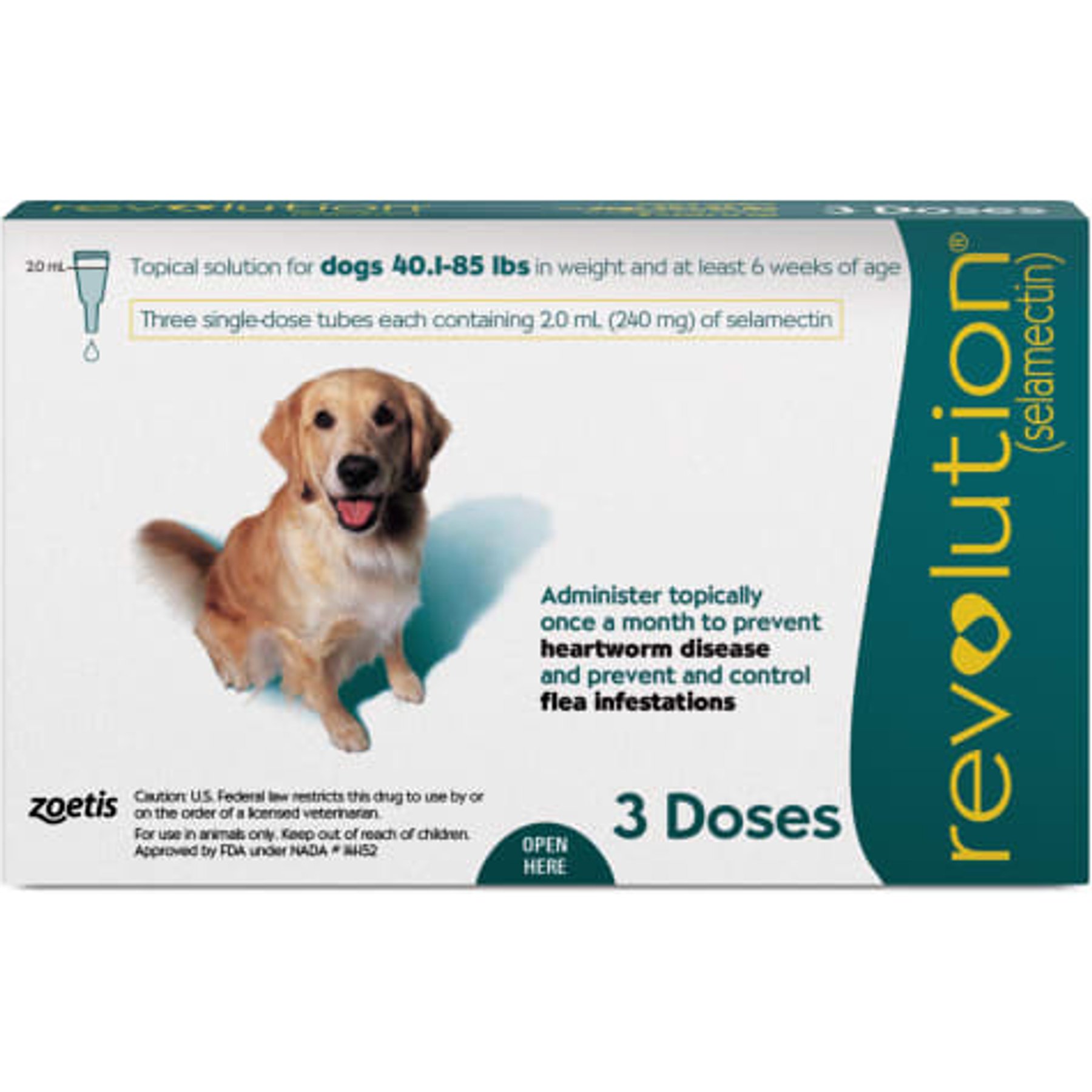 Revolution 240 mg Selamectin Topical Solution for Dogs, 40.1-85 lbs, 3 treatments