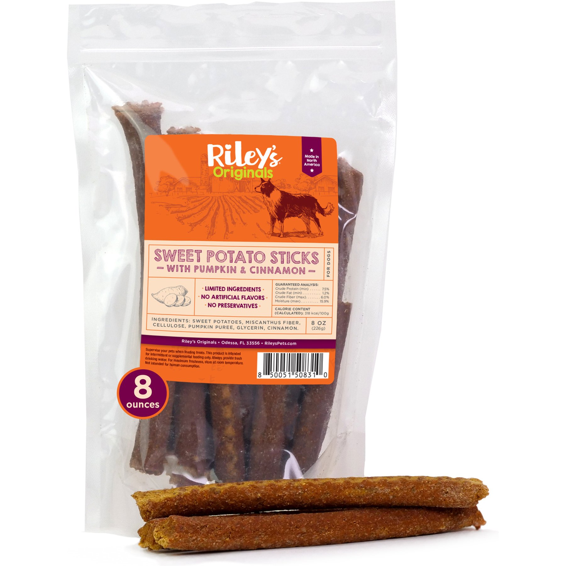 Riley's Limited Ingredient Diet Pumpkin, Cinnamon & Sweet Potato Stick Dehydrated Dog Treats, 8-oz bag