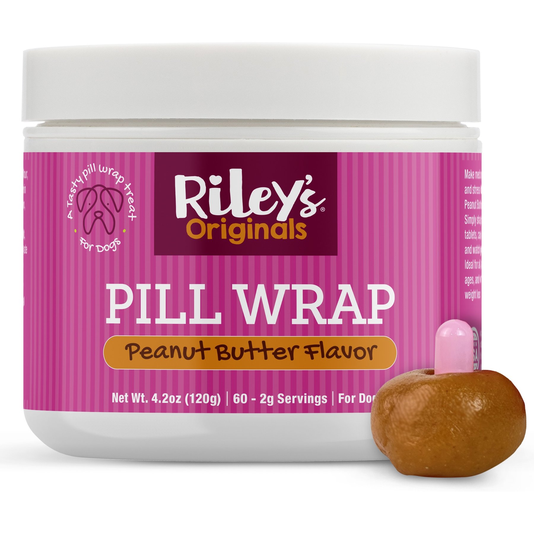 Riley's Delicious Peanut Butter Flavored Pill Wrap Dog Treat, 4.2-oz jar