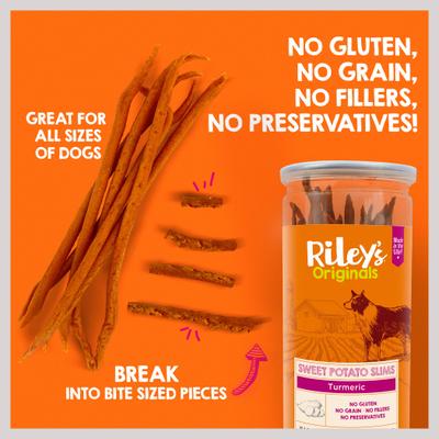 Show full view: Riley's Slims Dried Sweet Potato with Turmeric Dog Treats, 7.5-oz jar slide 4 of 6
