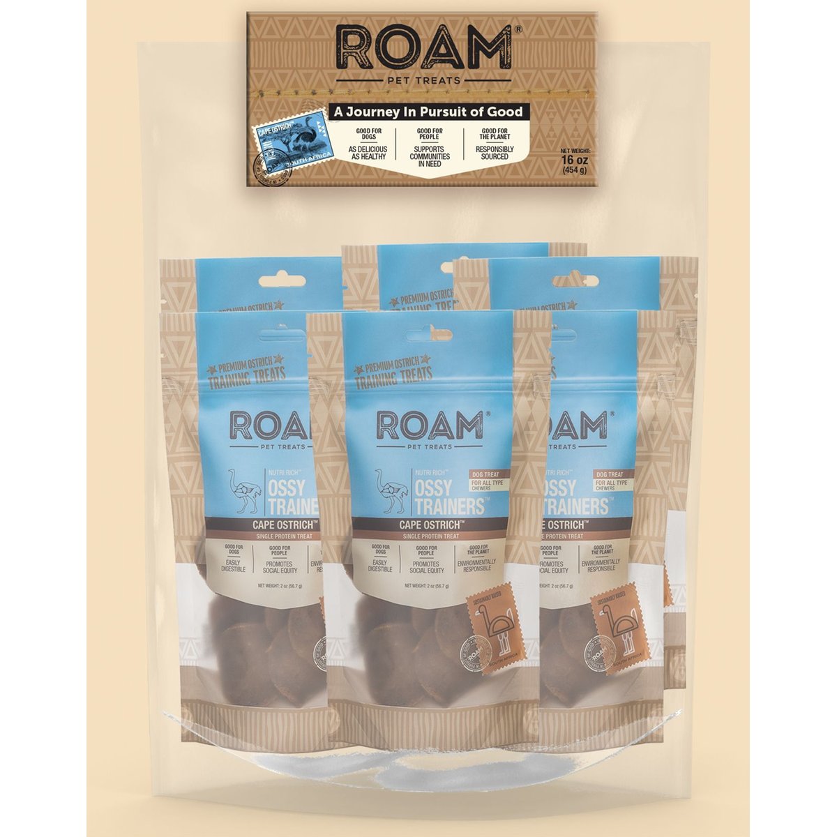 Roam Ossy Trainers Premium Jerky Ostrich Dog Treats, 1-lb bag