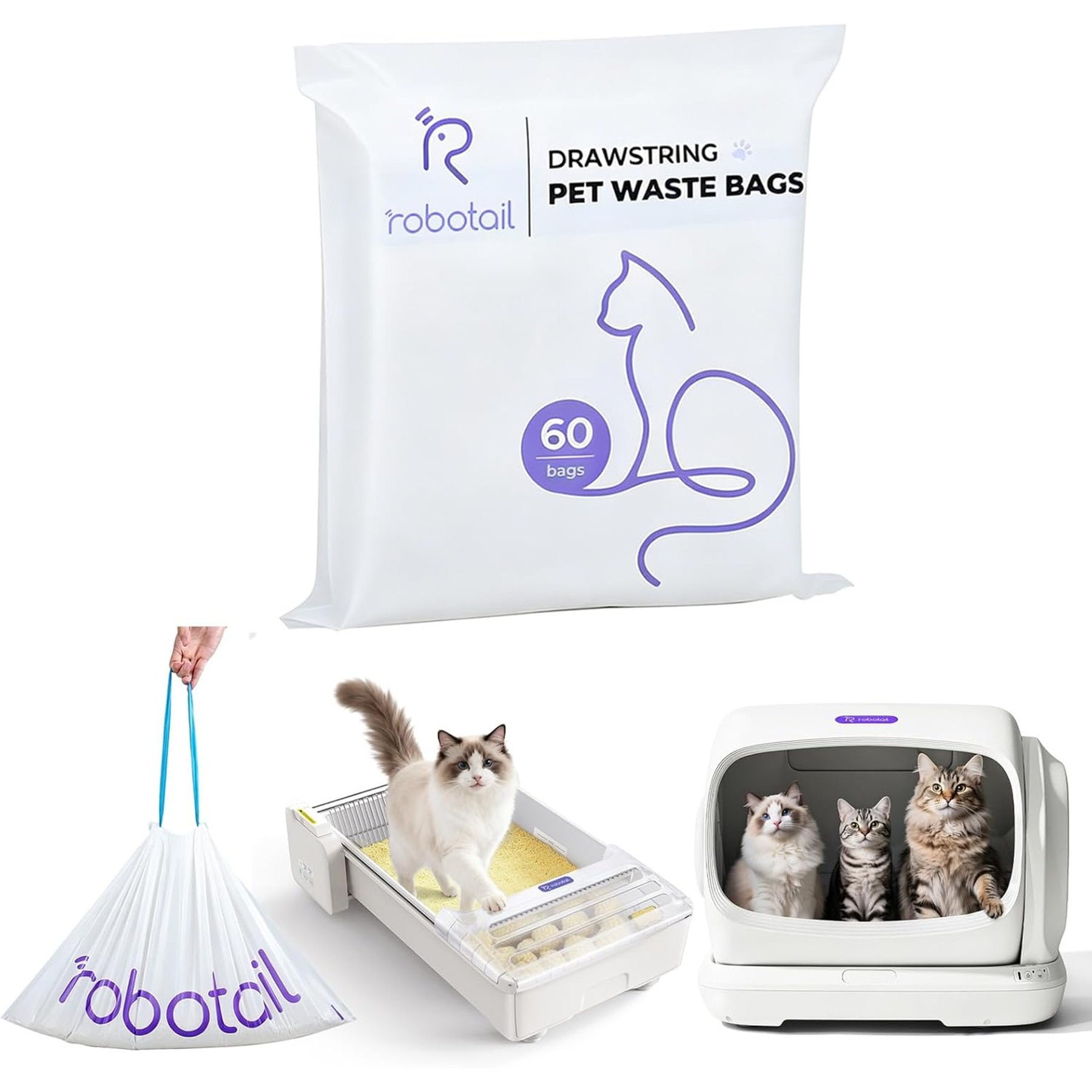 Robotail Self-Cleaning Litter Box Liners, White, 60 count