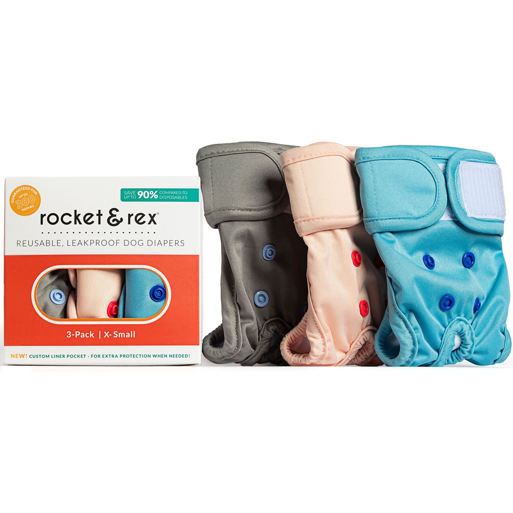 Rocket & Rex Reusable Leakproof Dog Diapers, X-Small, 3 count