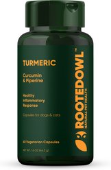 Rooted Owl Natural Turmeric Vegan Capsules Vitamin Supplement with Black Pepper for Dogs & Cats, 60 count