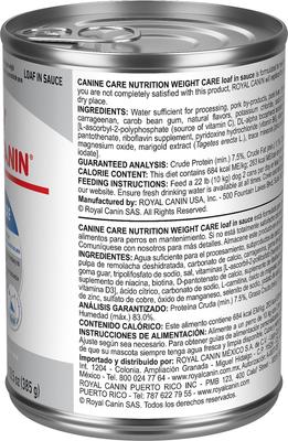 Show full view: Royal Canin Canine Care Nutrition Weight Care Loaf in Sauce Canned Dog Food, 13.5-oz, case of 12 slide 3 of 9