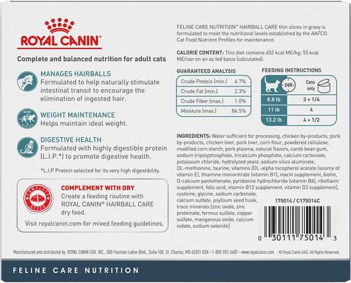 Show full view: Royal Canin Feline Care Nutrition Hairball Care Thin Slices in Gravy Canned Cat Food, 3-oz, case of 6 slide 3 of 12
