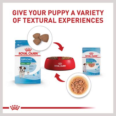 Show full view: Royal Canin Size Health Nutrition Small Puppy Chunks in Gravy Dog Food Pouch, 3-oz, case of 12 slide 6 of 13