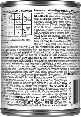 Show full view: Royal Canin Veterinary Diet Adult Gastrointestinal Low Fat Loaf Canned Dog Food, 13.5-oz can, case of 12 slide 3 of 13
