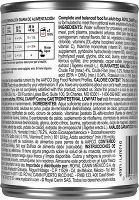 Show full view: Royal Canin Veterinary Diet Adult Gastrointestinal Low Fat Loaf Canned Dog Food, 13.5-oz can, case of 24 slide 3 of 13