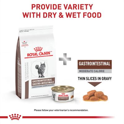 Show full view: Royal Canin Veterinary Diet Adult Gastrointestinal Moderate Calorie Thin Slices in Gravy Canned Cat food, 3-oz, case of 24 slide 6 of 12