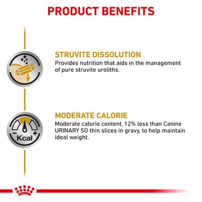 Show full view: Royal Canin Veterinary Diet Adult Urinary SO Moderate Calorie Thin Slices In Gravy Wet Dog Food, 12.5-oz can, case of 6 slide 4 of 11