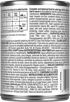 Show full view: Royal Canin Veterinary Diet Gastrointestinal High Fiber Loaf in Sauce Wet Dog Food, 13.5-oz can, case of 24 slide 4 of 12