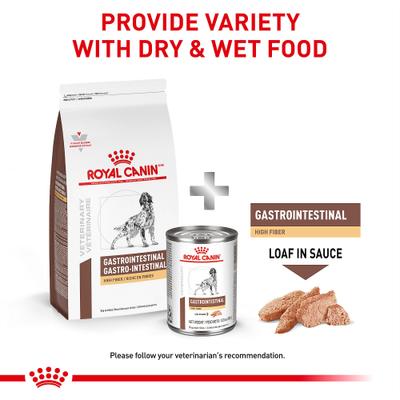 Show full view: Royal Canin Veterinary Diet Gastrointestinal High Fiber Loaf in Sauce Wet Dog Food, 13.5-oz can, case of 24 slide 6 of 12