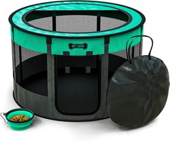 Ruff 'N Ruffus Rounded Portable Foldable Playpen + Carrier & Travel Bowl Dog & Cat Exercise Pen, Aqua, Large