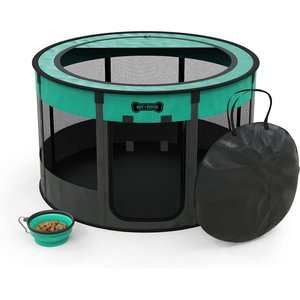 Ruff 'N Ruffus Rounded Portable Foldable Playpen + Carrier & Travel Bowl Dog & Cat Exercise Pen, Aqua, Medium