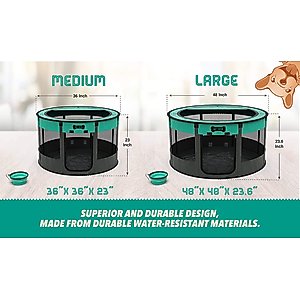 Ruff 'N Ruffus Rounded Portable Foldable Playpen + Carrier & Travel Bowl Dog & Cat Exercise Pen, Aqua, Medium