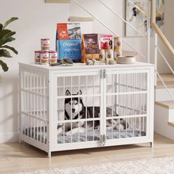 Rupzen Double-Door Chew-Resistant Escape-Proof Wood-Grain Side Table Dog Crate, White, 42 Inch