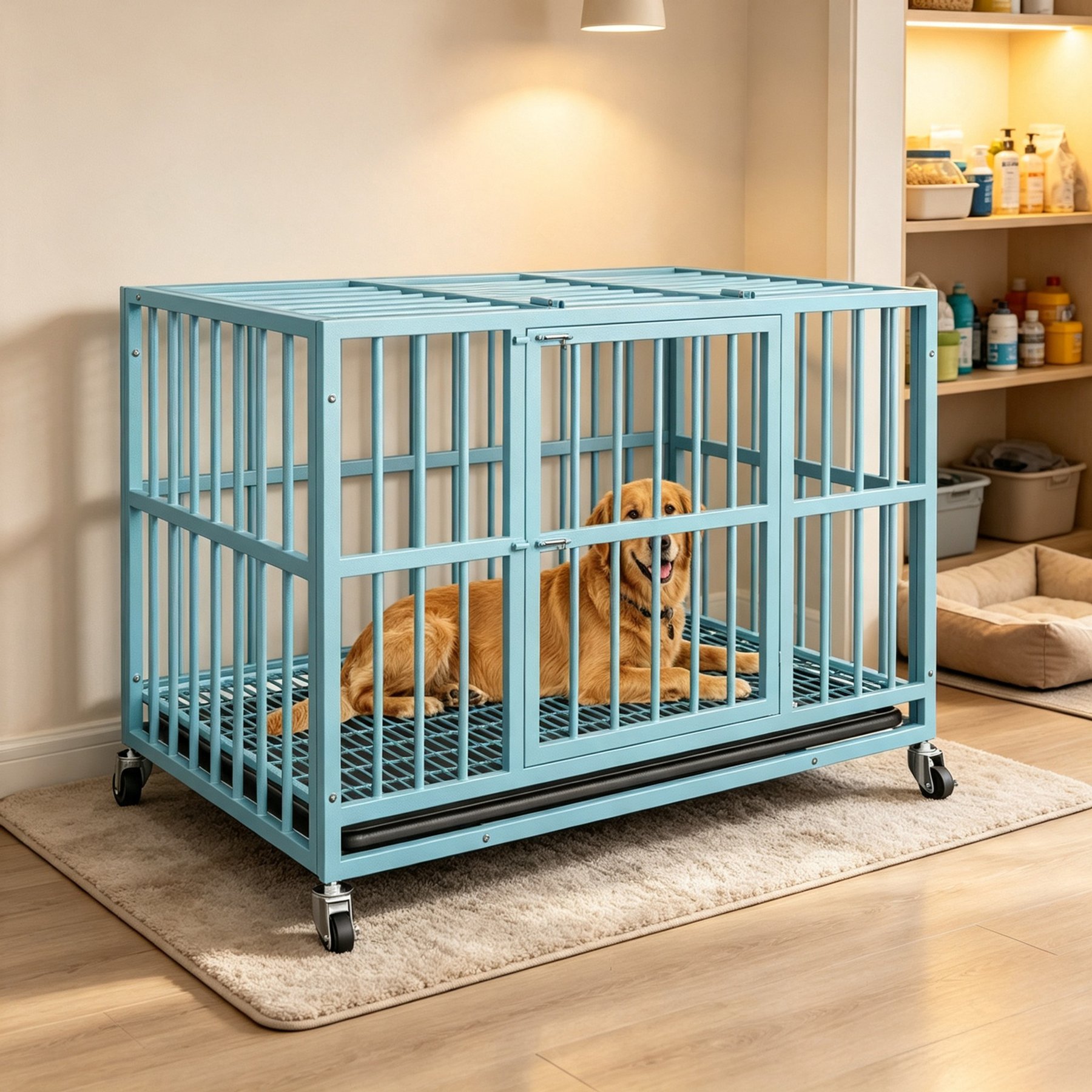 Rupzen Indoor Escape-Proof Double-Door Metal Dog Crate, Blue, 48 Inch