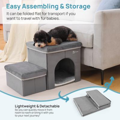 Show full view: RYPetmia 2-Step Foldable Dog & Cat Stairs with Storage & Bed, Gray slide 6 of 9