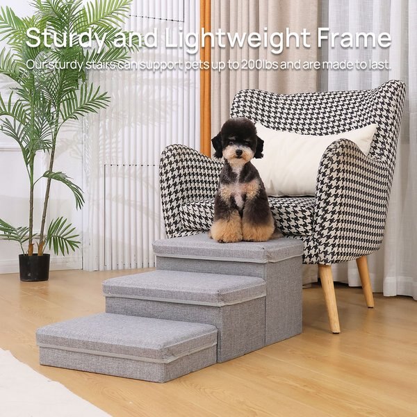 RYPetmia 3-Step Foldable Adjustable Dog Stairs with Storage, Light Gray