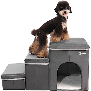 RYPetmia 3-Step Foldable Dog & Cat Stairs with Storage & Bed, Gray