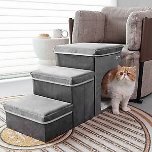 RYPetmia 3-Step Foldable Dog & Cat Stairs with Storage & Bed, Gray
