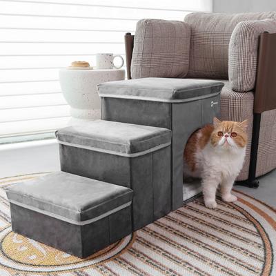 Show full view: RYPetmia 3-Step Foldable Dog & Cat Stairs with Storage & Bed, Gray slide 3 of 10