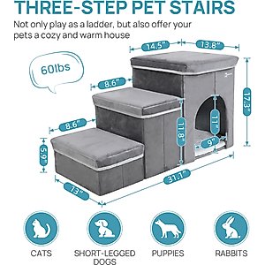 RYPetmia 3-Step Foldable Dog & Cat Stairs with Storage & Bed, Gray