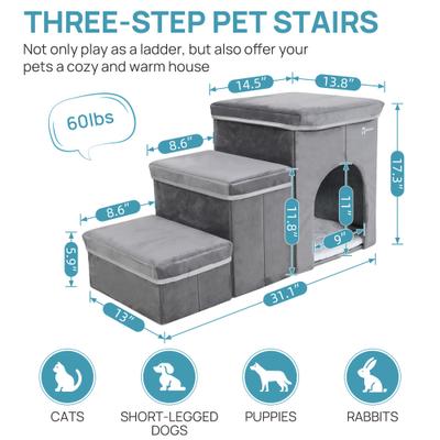 Show full view: RYPetmia 3-Step Foldable Dog & Cat Stairs with Storage & Bed, Gray slide 9 of 10