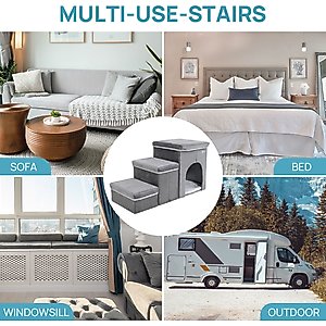 RYPetmia 3-Step Foldable Dog & Cat Stairs with Storage & Bed, Gray