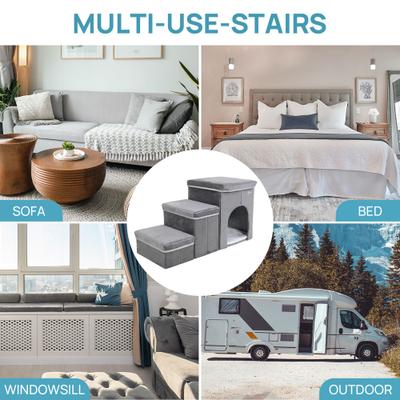 Show full view: RYPetmia 3-Step Foldable Dog & Cat Stairs with Storage & Bed, Gray slide 4 of 10