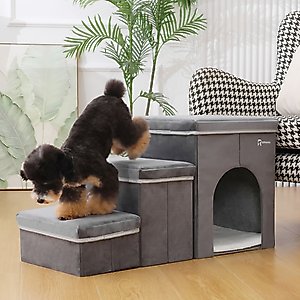 RYPetmia 3-Step Foldable Dog & Cat Stairs with Storage & Bed, Gray