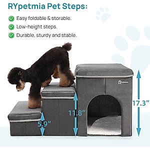 RYPetmia 3-Step Foldable Dog & Cat Stairs with Storage & Bed, Gray