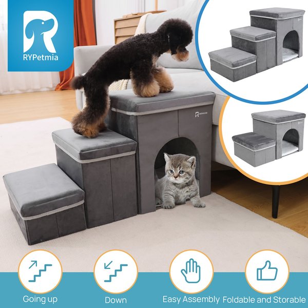 RYPetmia 3-Step Foldable Dog & Cat Stairs with Storage & Bed, Gray