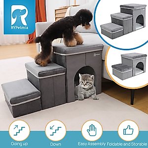 RYPetmia 3-Step Foldable Dog & Cat Stairs with Storage & Bed, Gray