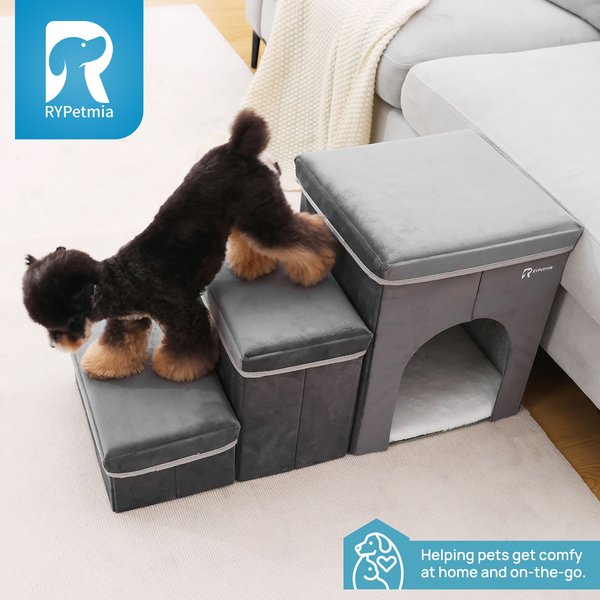 RYPetmia 2-Step Foldable Dog & Cat Stairs with Storage & Bed, Gray