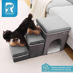 RYPetmia 3-Step Foldable Dog & Cat Stairs with Storage & Bed, Gray