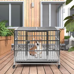 RYPetmia Heavy Duty Indoor & Outdoor Double Door Dog Crate with Wheels, Silver, 38 inch