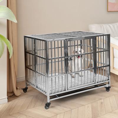 Show full view: RYPetmia Heavy Duty Indoor & Outdoor Double Door Dog Crate with Wheels, Silver, 38 inch slide 3 of 9