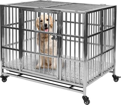 Show full view: RYPetmia Heavy Duty Indoor & Outdoor Double Door Dog Crate with Wheels, Silver, 38 inch slide 2 of 9