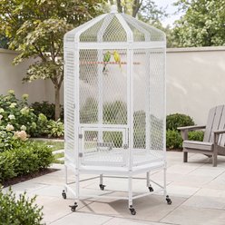 RYPetmia Hexagonal Stand & Casters, Steel Aviary with Perch, Feeding Cups & Removable Tray Bird Cage, White