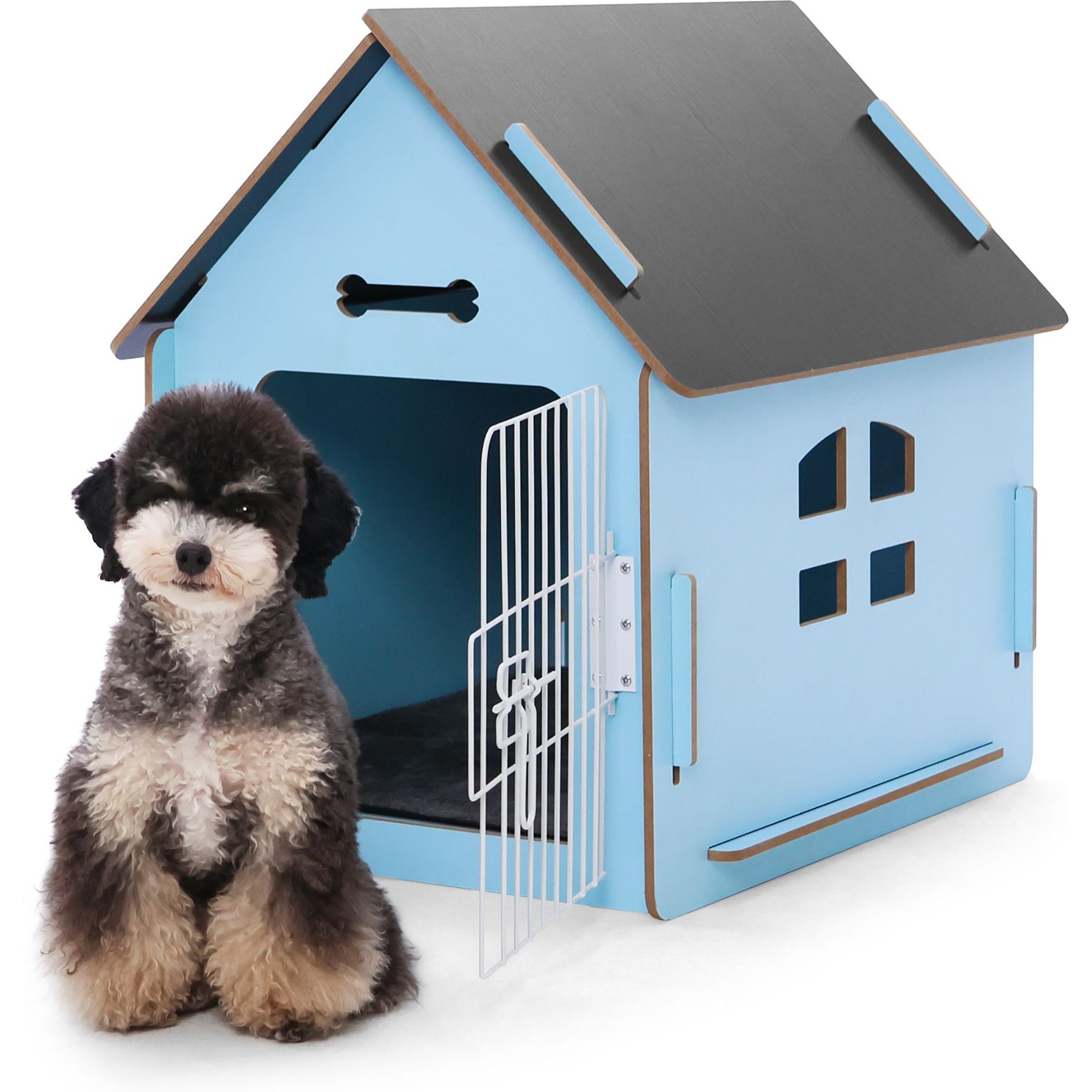 RYPetmia Indoor Wooden Dog & Cat House with Bed, Blue, Medium