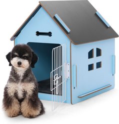 RYPetmia Indoor Wooden Dog & Cat House with Bed, Blue, Small