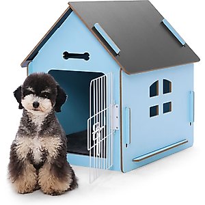 RYPetmia Indoor Wooden Dog & Cat House with Bed, Blue, Small