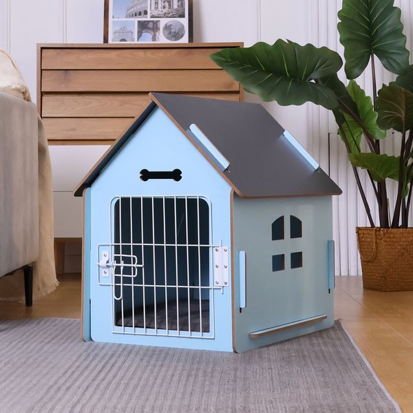 Show full view: RYPetmia Indoor Wooden Dog & Cat House with Bed, Blue, Small slide 2 of 10