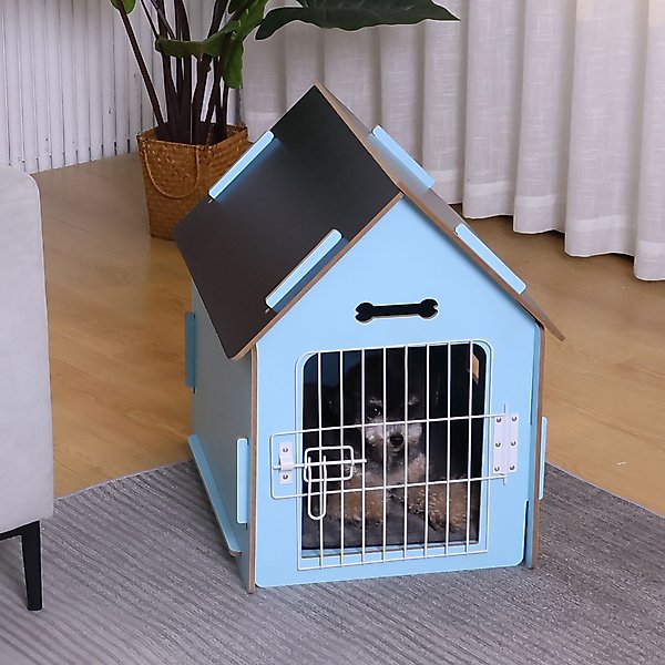 Show full view: RYPetmia Indoor Wooden Dog & Cat House with Bed, Blue, Small slide 8 of 10
